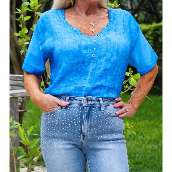 NEW LOOK MODE USA v- neckline linen shirt in royal blue - Picture 1 of 3